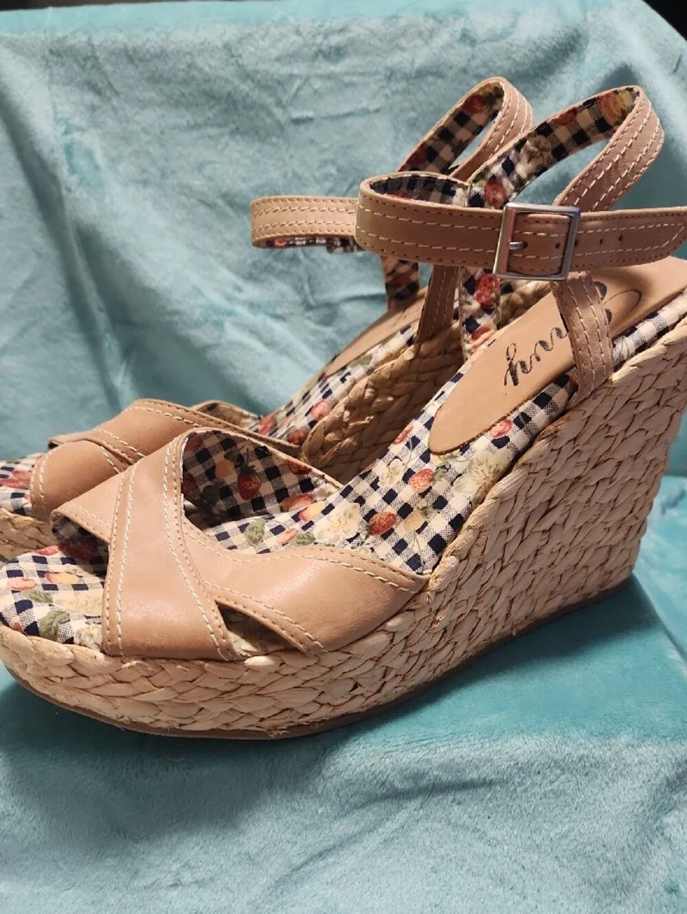 Women's Tan Wedge Sandals with Ankle Strap